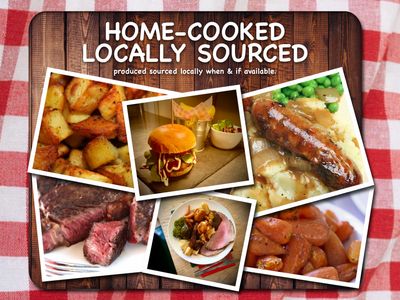 Photographs Of food labelled  home-cooked locally sourced.